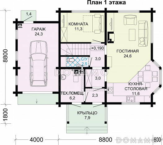Проект дома из бруса с гаражом / План 1 этажа