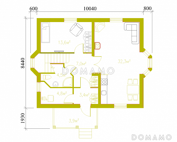 Проект практичного коттеджа в европейском стиле / План 1 этажа