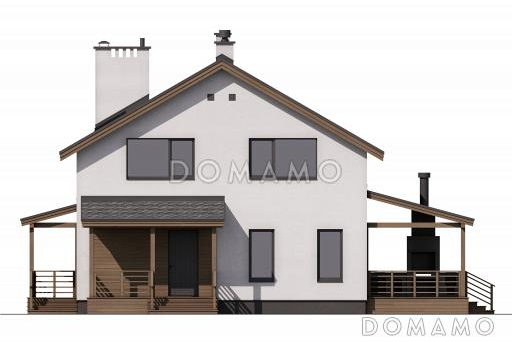 Проект дома с просторной дневной зоной, барбекю на террасе и тремя спальнями на мансарде / Фасад 1