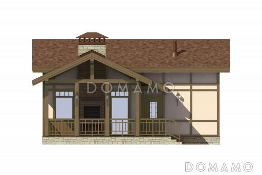 Проект дома с просторной крытой террасой с барбекю, гостиной с кухней-столовой, сауной и душевой, вторым светом и спальней на мансарде / Фасад 2