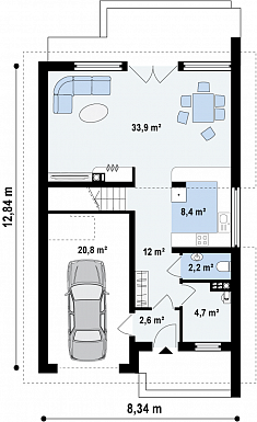 Проект одноэтажного дома из кирпича с мансардным этажом и встроенным гаражом / План 1 этажа