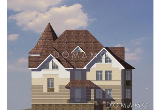 Проект дома из кирпича с необычной в плане каминной комнатой / Фасад 2