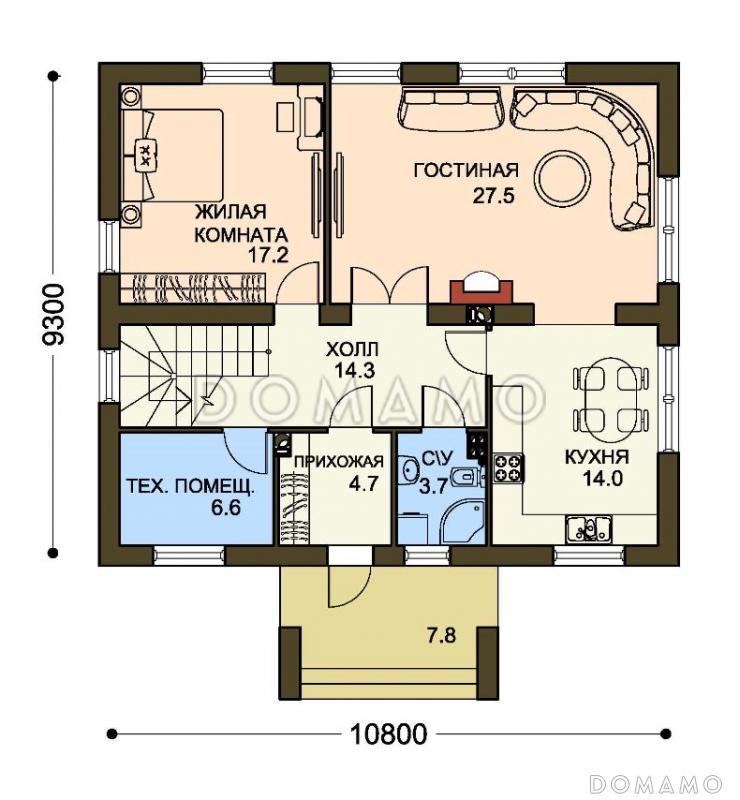 Проект двухэтажного дома с  небольшим кабинетом на втором этаже / План 1 этажа