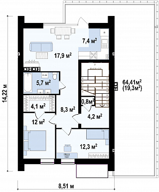 Проект современного двухэтажного дома из газобетона для двух семей, с гаражом и террасой над ним / План 2 этажа