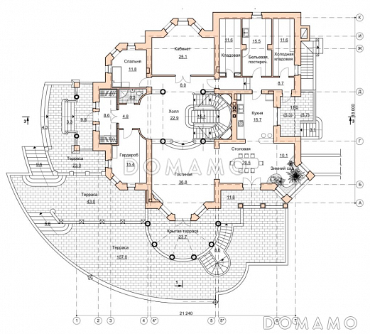 Проект парадного коттеджа с красивым холлом и террасой / План 1 этажа