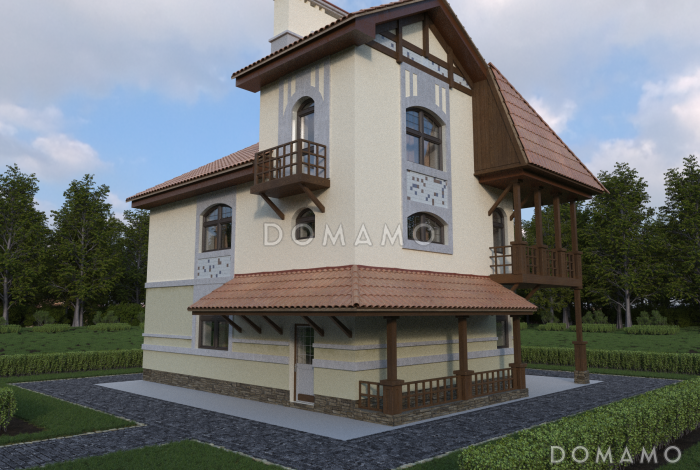 Проект трехэтажного дома из пеноблоков с просторной гостиной, балконом и кабинетом на третьем этаже