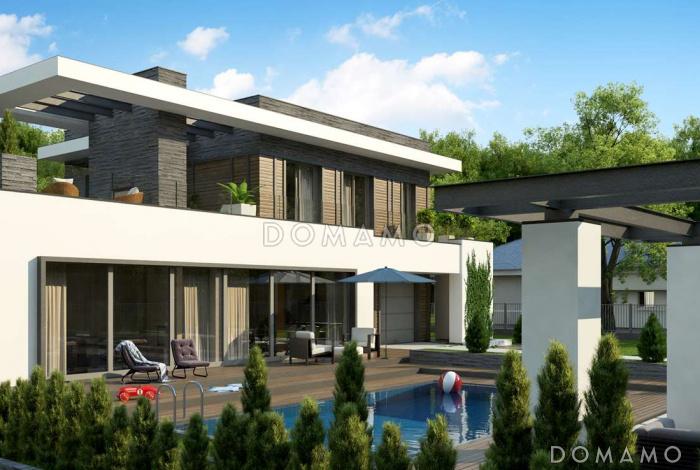 Проект современного двухэтажного дома из газобетона с панорамным остеклением и просторной террасой на втором этаже