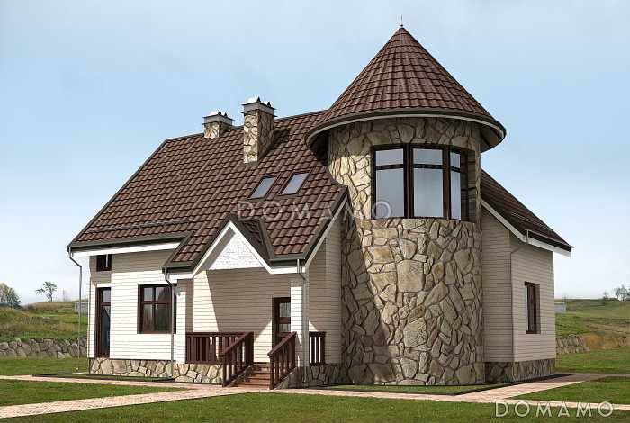 Проект дома с башней, окнами в пол на веранде, с балконом и лоджией