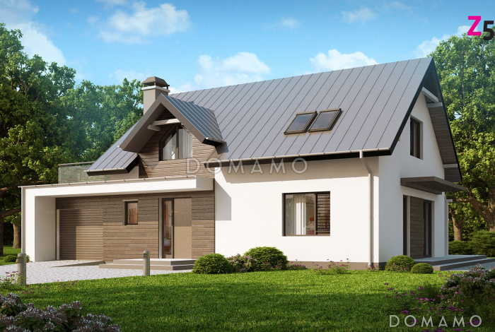 Проект одноэтажного мансардного дома из кирпича со встроенным гаражом и открытой террасой над ним