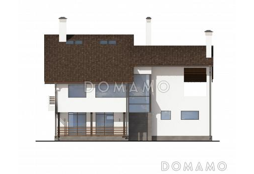 Проект дома с автостоянкой, барбекю на террасе, вторым светом, сауной, лоджией и небольшим балконом / Фасад 3