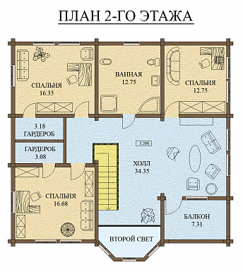 Проект дома из оцилиндрованного бревна с экером и вторым светом / План 2 этажа