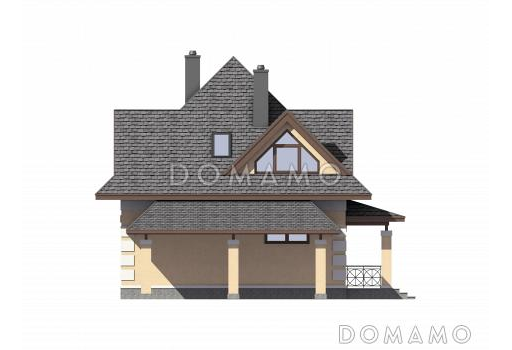 Проект дома из газобетона с многощипцовой крышей и навесом для авто / Фасад 3