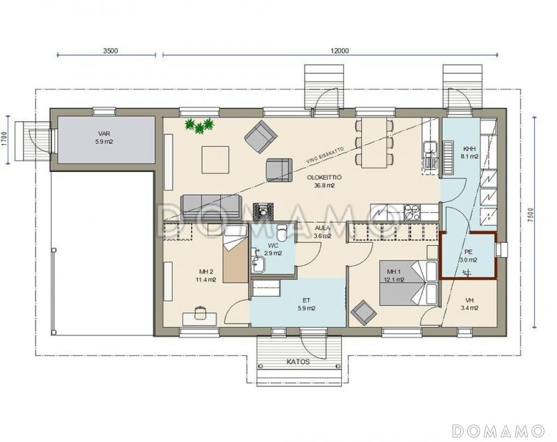 Проект одноэтажного каркасного дома с рациональной планировкой / План 1 этажа