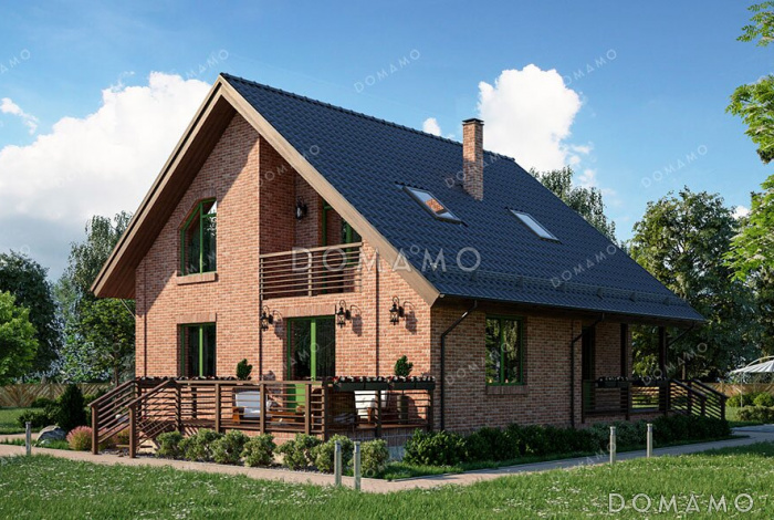 Проект дома с мансардой, двумя террасами и навесом для машины