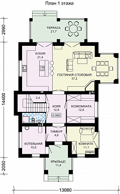 Проект двухэтажного дома из пеноблоков с выходом на террасу из просторной гостиной / План 1 этажа