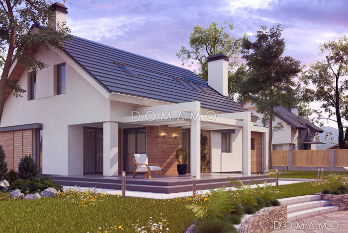 Проект одноэтажного мансардного дома из кирпича с тремя спальнями и пристроенным гаражом