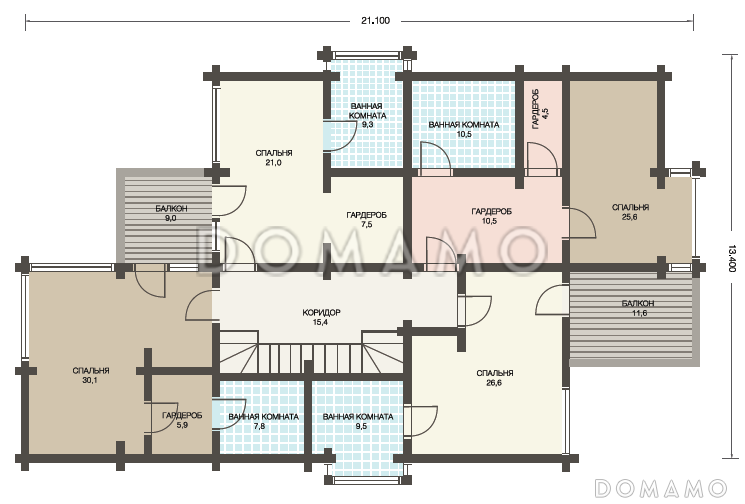 Проект двухэтажного дома из клееного бруса с парной и навесом для авто / План 2 этажа
