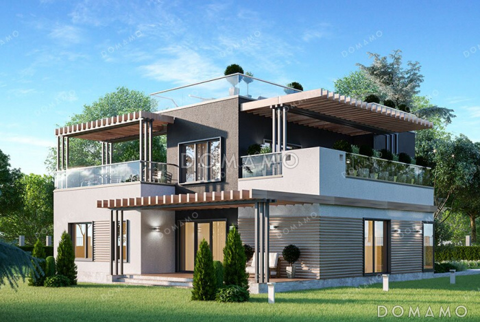 Проект двухэтажной виллы с эксплуатируемой крышей и террасами на втором этаже