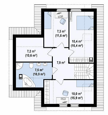 Проект одноэтажного мансардного дома из кирпича с дополнительной спальней на первом этаже / План мансардного этажа