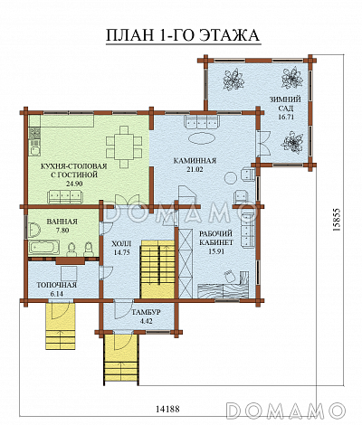 Проект дома из оцилиндрованного бревна, с мансардным этажом и зимним садом / План 1 этажа