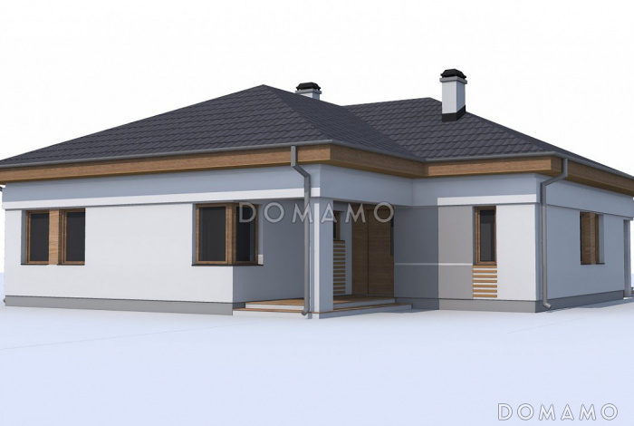 Проект одноэтажного дома из газобетона с дневной зоной в тыльной части дома и выходом на большую террасу