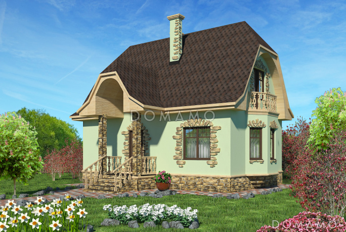 Проект небольшого дома из кирпича с декором из камня
