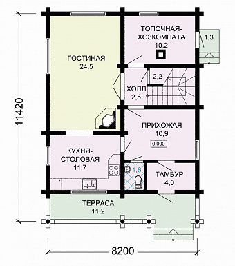 Проект деревянного дома с удобствами, просторной гостиной и тремя спальными комнатами / План 1 этажа