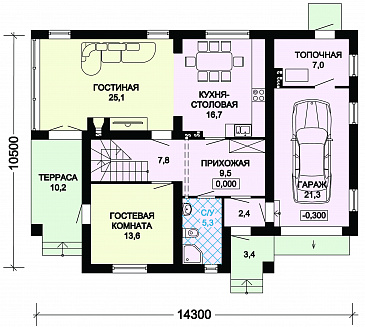 Проект дома из пеноблоков с террасой и гаражом / План 1 этажа