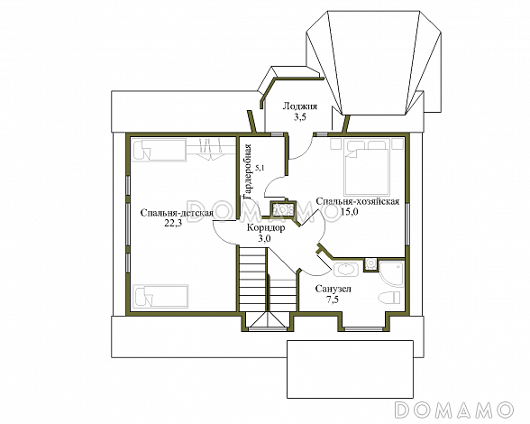 Проект коттеджа из бруса с верандой / План мансардного этажа