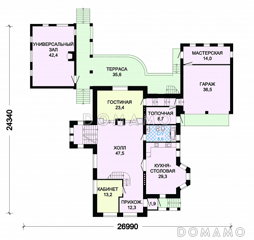 Проект кирпичного дома с пристроенным большим гаражом / План 1 этажа