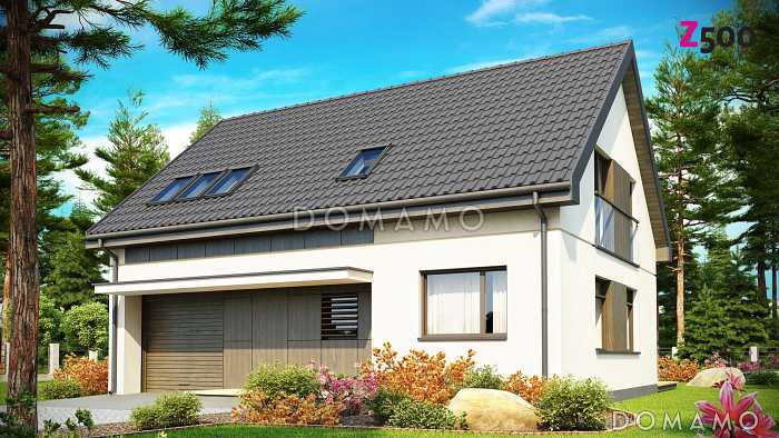 Проект одноэтажного мансардного дома из кирпича с частично крытой террасой и гаражом