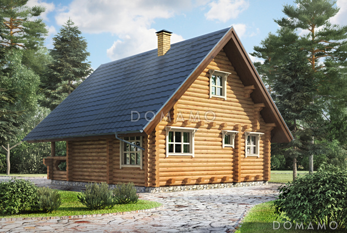 Проект небольшого деревянного дома с камином и лоджией 