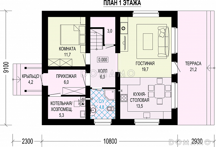 Проект двухэтажного дома из газобетона и бруса с балконом на две комнаты и террасой / План 1 этажа