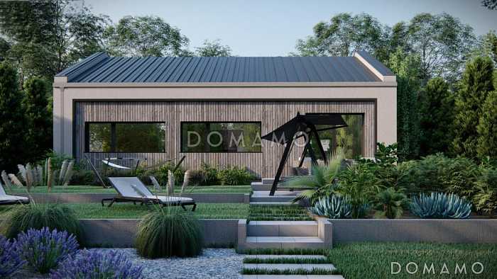 Проект загородного дома с помещениями на одном этаже, двухскатной крышей, тремя спальнями, кладовой на кухне