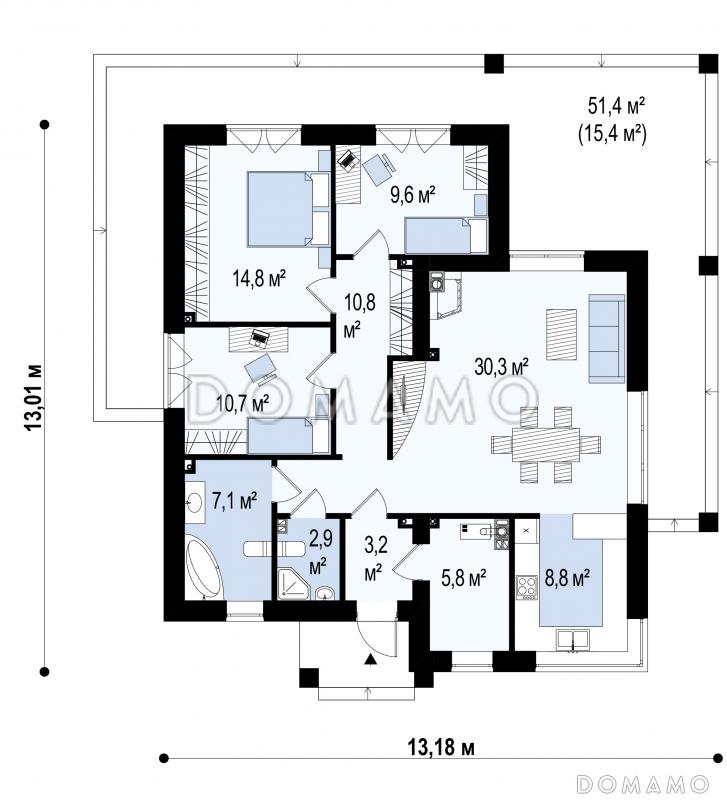 Проект современного одноэтажного дома из газобетона с плоской крышей с тремя спальнями и частично крытой террасой / План 1 этажа