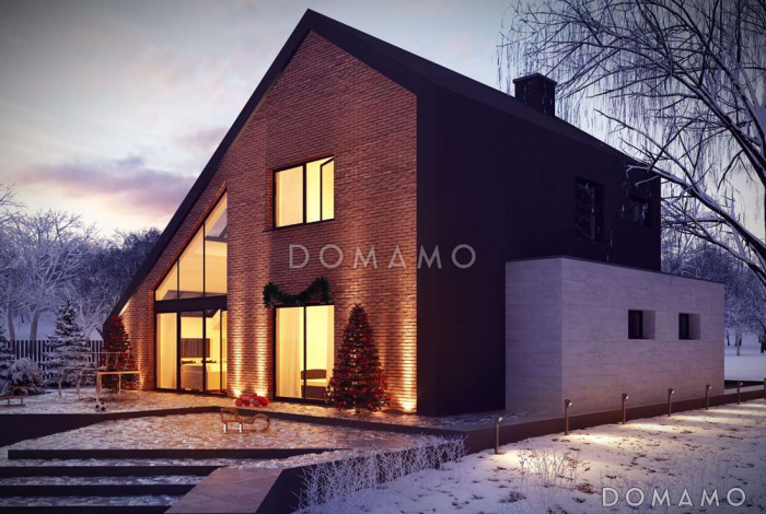 Проект мансардного дома в стиле шале из кирпича с дополнительной спальней на первом этаже, вторым светом и гаражом