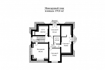 Проект двухэтажного особняка в классическом стиле, с бассейном, зимним садом и просторной террасой второго этажа  / План мансардного этажа