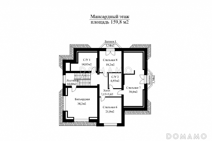 Проект двухэтажного особняка в классическом стиле, с бассейном, зимним садом и просторной террасой второго этажа  / План мансардного этажа