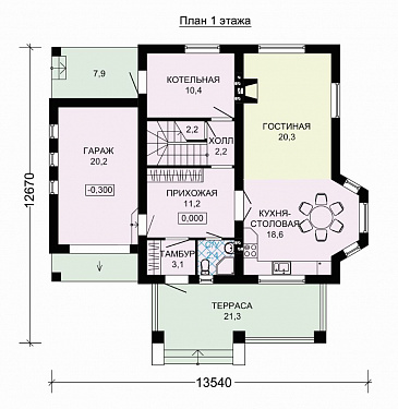 Проект дома из пеноблоков с мансардой, гаражом с подъемными воротами / План 1 этажа