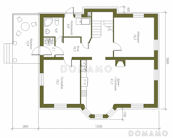 Проект двухэтажного коттеджа из СИП панелей с четырехскатной кровлей / План 1 этажа