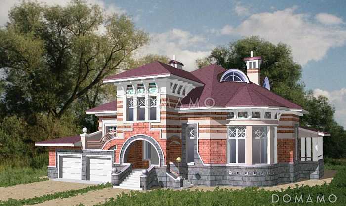 Проект коттеджа с двусветной гостиной, террасой и гаражом на 2 а/м