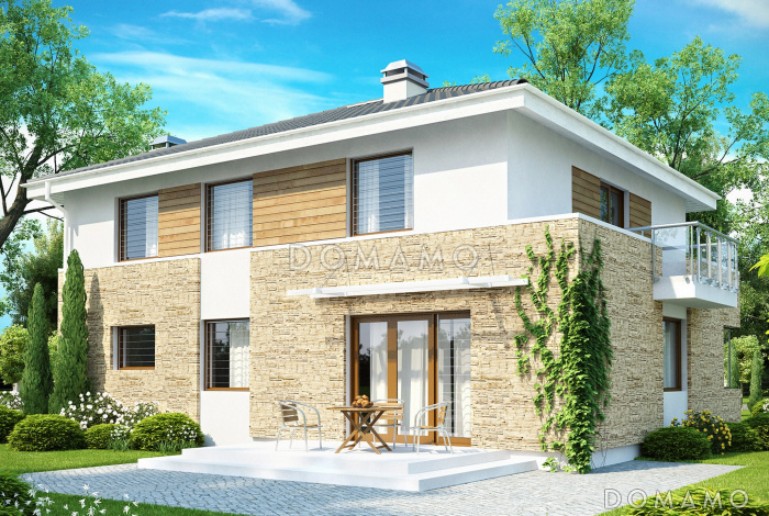 Проект современного двухэтажного дома из газобетона, адаптированного под сейсмику, с четырьмя спальнями, балконом и встроенным гаражом 