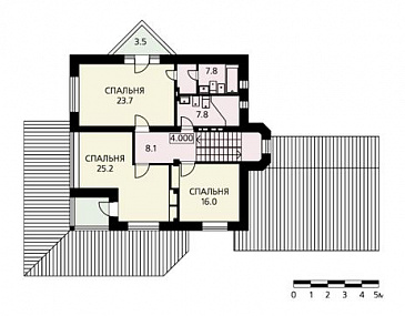 Проект дома гостиная с гаражом на два автомобиля, необычным двугранным эркером и зимним садом / План 2 этажа