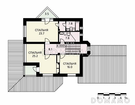 Проект дома гостиная с гаражом на два автомобиля, необычным двугранным эркером и зимним садом / План 2 этажа