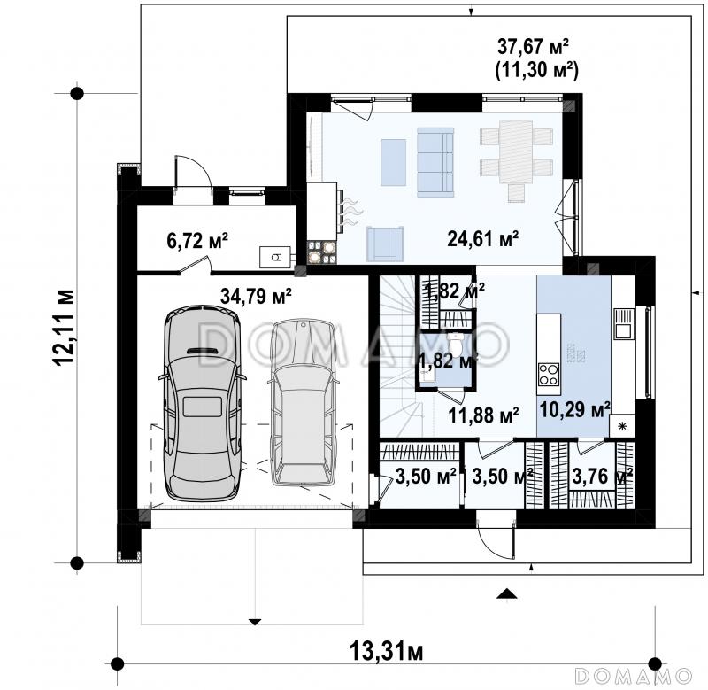 Проект двухэтажного дома с гаражом, гостиной с камином, кладовой, балконами / План 1 этажа