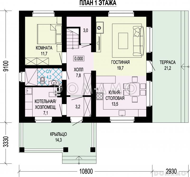 Проект двухэтажного дома в стиле шале из газобетона и бруса / План 1 этажа