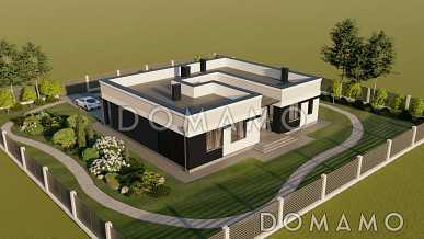 Проект одноэтажного газобетонного дома в стиле хай-тек с внутренним двором, бильярдной, сауной и гаражом