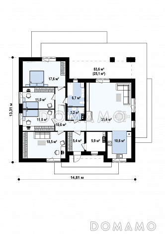 Проект одноэтажного дома из газобетона с тремя спальнями и кабинетом / План 1 этажа