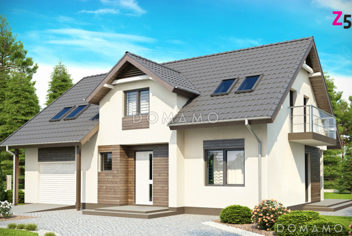 Проект одноэтажного мансардного дома из кирпича с балконом, с четырьмя спальнями и встроенным гаражом