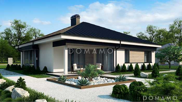 Проект загородного дома с хозяйской спальней, кухней с кладовой, ванной с окном